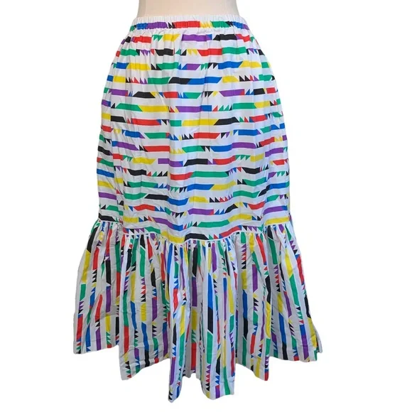 Vintage 70s Surrey Rainbow Colorful Abstract Striped Trumpet Hem